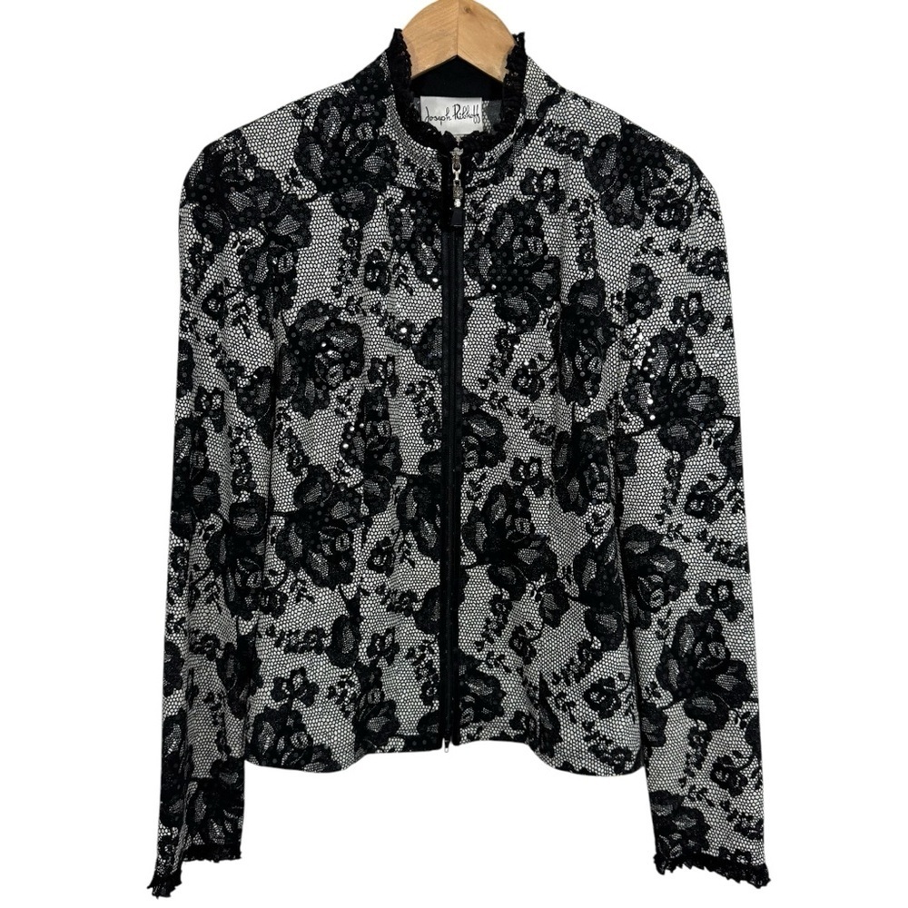 Vintage Joseph Ribkoff Floral Zip Top Womens 8 Black Sequin Lace Jacket Mature